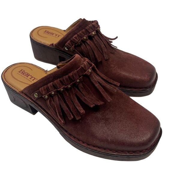 Born Women's Maroon Harmony Slip On Suede Leather Clogs Size 10 Tasseled Fringe - Picture 1 of 9
